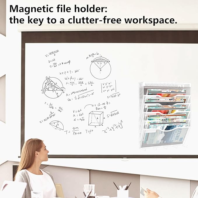 KZWKRG 6 Tier Magnetic File Holder with Hook, Magnetic File Organizer Folder Holder, Wall File Organizer, Hanging Magnetic Paper Holder for File Cabinets, Office, Whiteboard, Magnetic Mail Holder