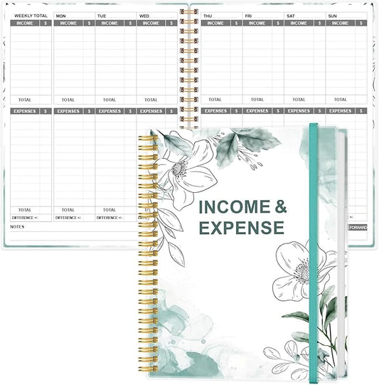 Heveboik Income & Expense Log Book - A4 Income and Expense Tracker for Small Business, Accounting Bookkeeping Tracking for Woman and Man, 8" x 10.5", Teal Floral