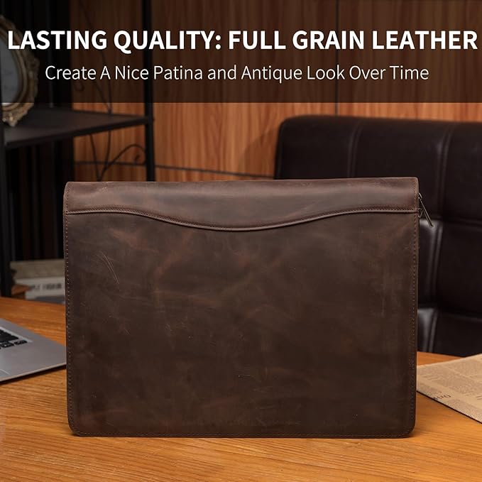 Geslun Personalized Genuine Leather Portfolio, Legal Size 8.5 x 14 Pad Holder, Custom Engraved Business Padfolio for Men Women, Zippered 14" Laptop Organizer, Professional Notepad Folio, Dark Khaki