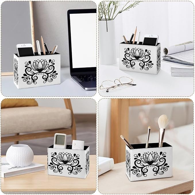 Famame Abstract Floral Ethnic Ornament Pencil Holder for Desk, Leather Desktop Container Pen Cup Storage Study Table Pen Organizer Makeup Brush Holder for Classroom Office Home