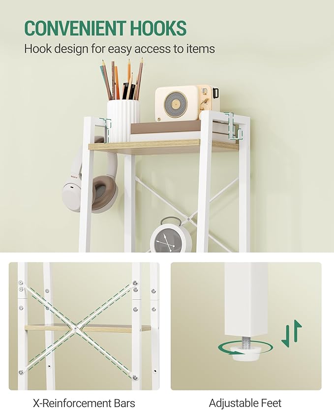 Hzuaneri Ladder Shelf, Bookshelf Bookcase, Freestanding Corner Storage Shelve with 2 Hooks for Home Office, Living Room, Kitchen, Bedroom, Industrial, 11.8" D x 13.4" W x 47.2" H, White Oak and White