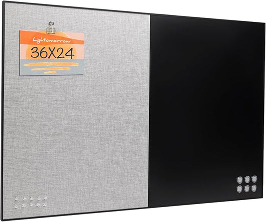 Lightomorrow Bulletin Board 36 x 24 inches, Black Board & Grey Fabric Board Combo, Black Aluminum Framed Linen Vision Board with 10 Push Pins