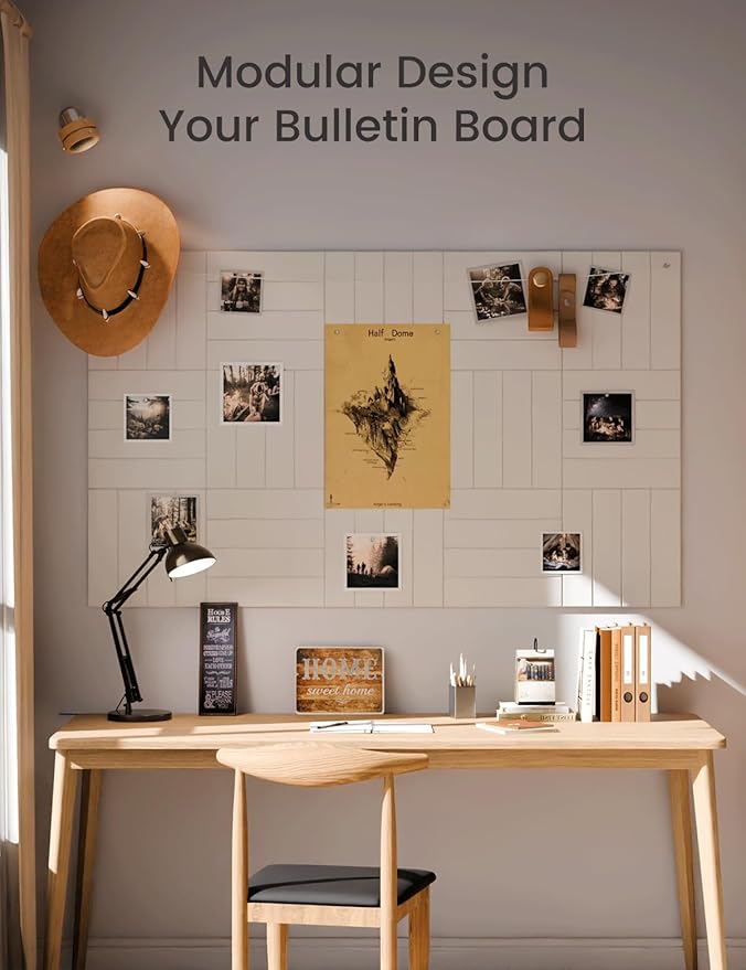 Fluxynara Felt Bulletin Board Tiles Large 48" x 36" Cork Board Alternative-12 Pack with 70 Adhesive Tabs, Thick Slat Wall Panels for Office Decor, Push Pin Board Wall Organizer Alternative-Milky White