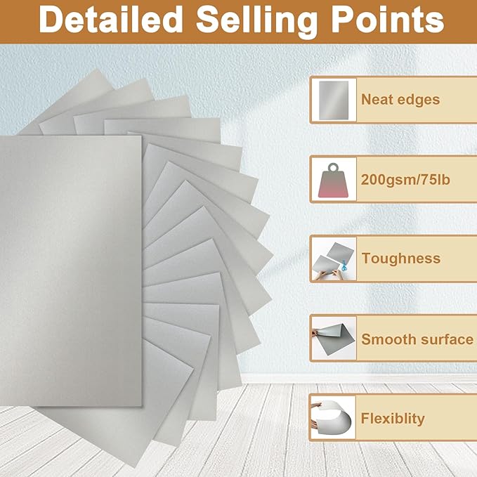 Silunkia 100 Sheets Silver Shimmer Cardstock 8.5 x 11 Crafts Paper, 200gsm/75lb Heavyweight Glossy Paper Card Stock for Office Printing, Business Cards, Wedding Invitations, Anniversary Card