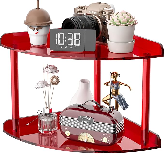 Sezanrpt 2 Tier Acrylic Corner Shelf Organizer Storage 9.5x9.5x8 Inch, Red Countertop Corner Shelf for Bathroom, Kitchen, Bedroom, Office, Study Room