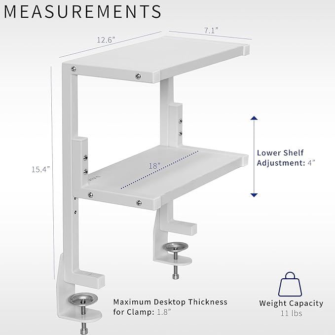 VIVO Clamp-on 13 inch Above or Below Desk 2-Tier Shelving Unit for Table Accessories, Gaming Devices, and More, Storage Tray, Desktop Organizer, White, STAND-SHELF2CW