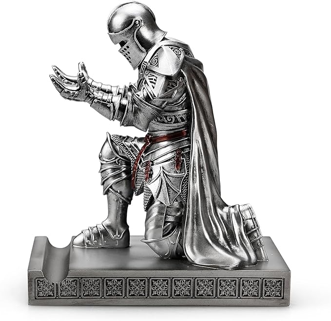 HDMbigmi King's Guard Leader Cloak Warrior Knight Pen Holder Mobile Phone Stand, Ornament Knight Statue, Pen Stand Paperweight for Office and Home (Silver)