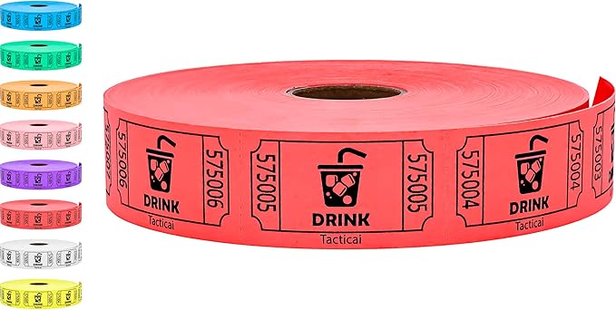 Tacticai 1000 Raffle Tickets, Drink, Red (1 of 8 Colors), Single Roll for Events, Entry, Class Reward, Fundraiser & Prizes