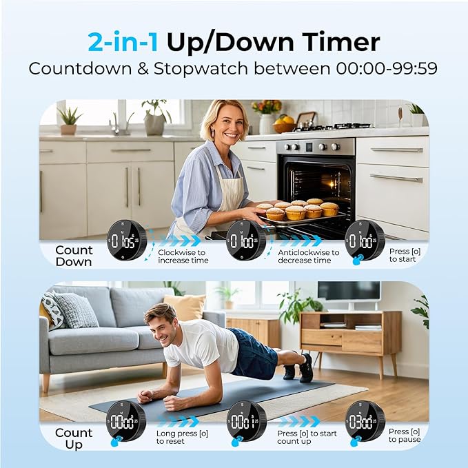 Allbean Magnetic Kitchen Timer for Cooking with Loud Alarm - Large LED Display Rotating Countdown Pomodoro Timer, Preset 5/15/25 Mins Easy for Seniors and Kids，for Baking Grilling Studying