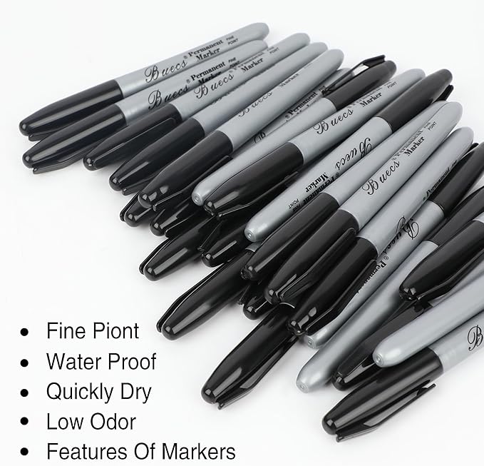 Buecs Permanent Markers, 200 Count Black Permanent Markers, Fine Point, Waterproof & Smear Proof Markers, Quick Drying, Office Supplies for School, Office, Home
