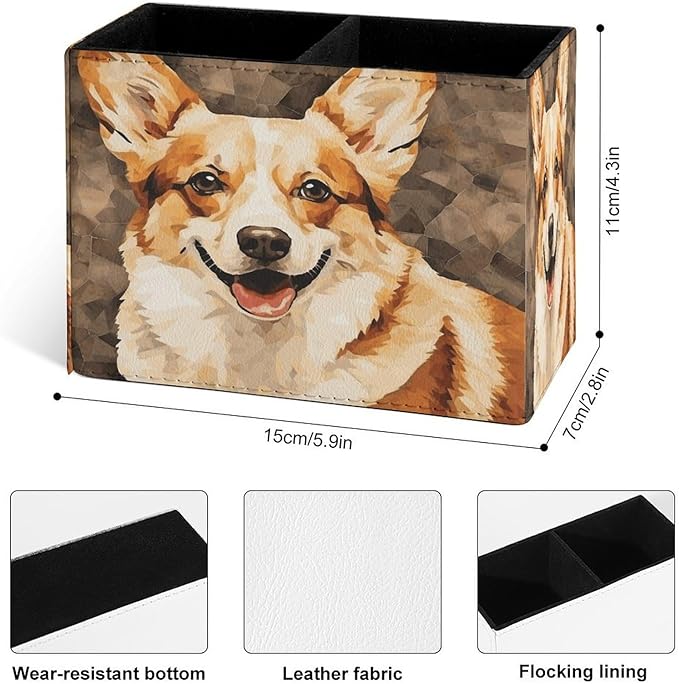 Famame Texture Corgi Dog Pencil Holder for Desk, Leather Desktop Container Pen Cup Storage Study Table Pen Organizer Makeup Brush Holder for Classroom Office Home