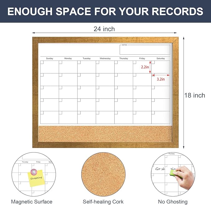 Calendar Whiteboard for Wall, 18x24 Inches White Board Calendar Dry Erase, Magnetic Monthly White Board with Gold Wood Frame, Hanging Dry Erase Board for Kitchen Home Office School Planner