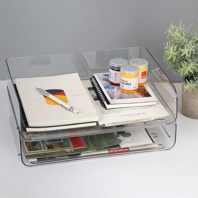 Zyners 2 Pack Stackable Desk Letter Paper Tray, A4 Clear Plastic Desk File Organizer Letter Tray, Desktop File Paper Organizer with Anti-Skid Design for Office Desktop