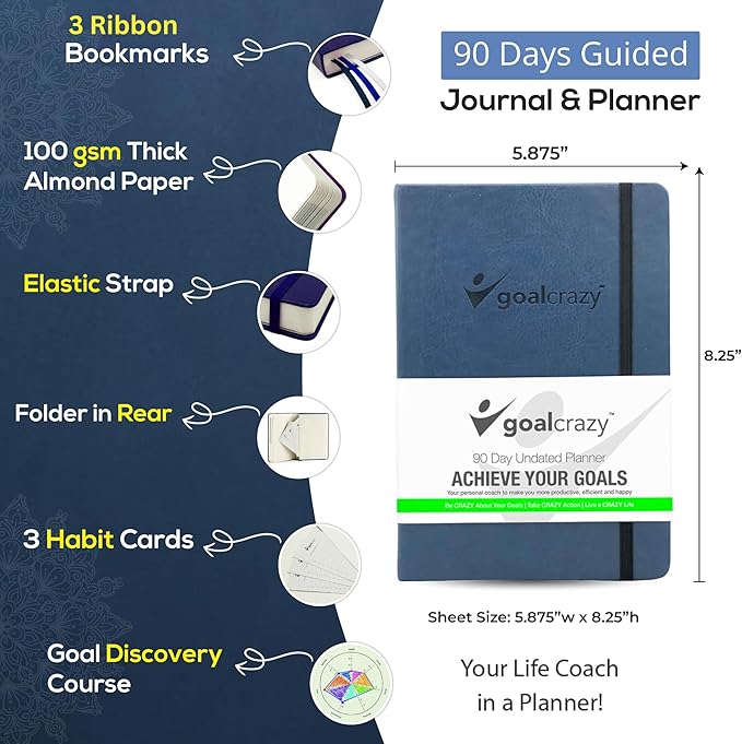 Undated Daily Planner to Achieve Your Goals 2025-2026 - 90 Day Guided Journal & Productivity Organizer with Goal Setting, Habit Tracker, To Do List, Academic & Work Calendar, Leather Hardcover - Navy