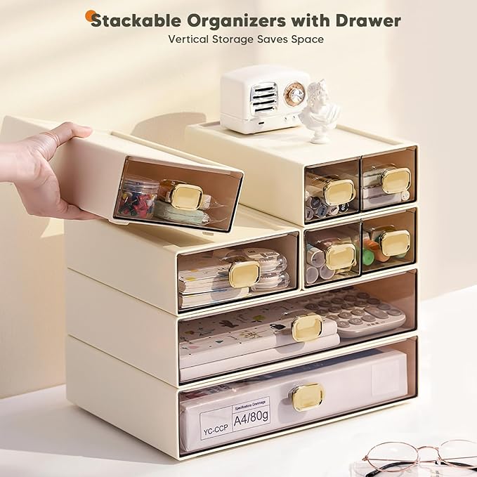 DETEIN 2PACK Stackable Desktop Storage Organizer Plastic Desk Organizer with Drawer Stacking Drawer for Pantry, Locker, Makeup, Vanity, Garage and Small Organization(M - 1 Drawer, Cream White)