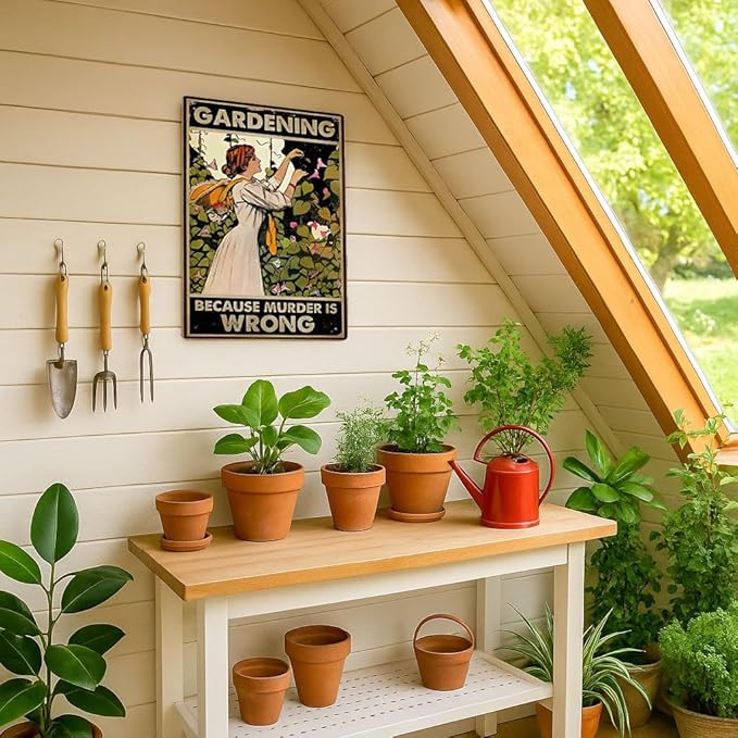 Funny Gardening Tin Sign – BECAUSE MURDER IS WRONG 12x8 Inch Vintage Metal Wall Décor for Garden, Greenhouse, Patio, Yard or Outdoor Shed (Earth tones)
