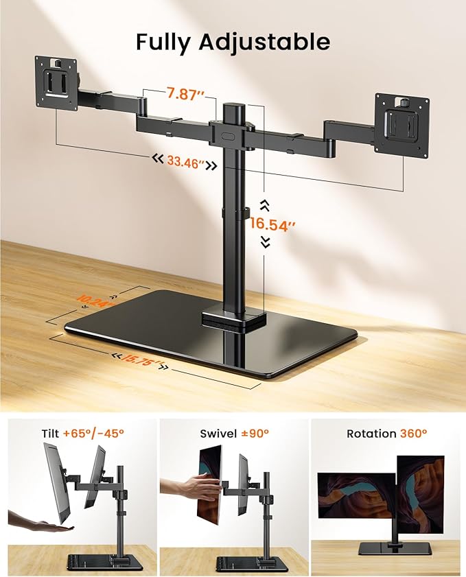 ErGear Freestanding Dual Monitor Stand for 17 to 32 Inch Screens, Computer Monitor Mount for 2 Screens, Dual Monitor Arm with Tempered Glass Base, VESA Mount Desk Stand Holds 22 lbs per Arm