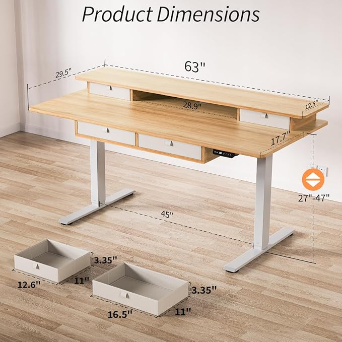 Kingant 63 x 30 Inch Electric Standing Desk with 4 Drawers, Adjustable Height Computer Desk for Home Office, Large Workstation Sit Stand Up Desk with Built-in USB A/C Charging Ports, Nature