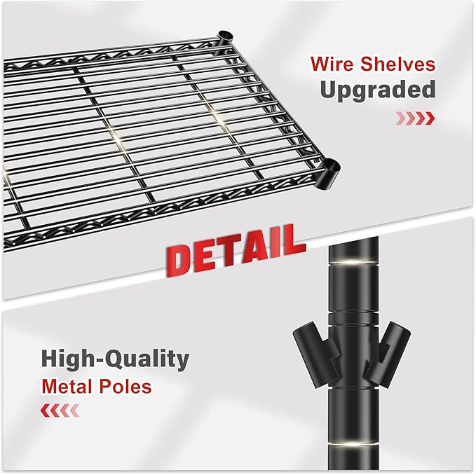REIBII 5 Tier Storage Shelves Adjustable Wire Rack Shelving, Kitchen Shelves 13.4" D x 23.2" W x 60" H Strong Metal Shelves for Restaurant Garage Pantry，Black