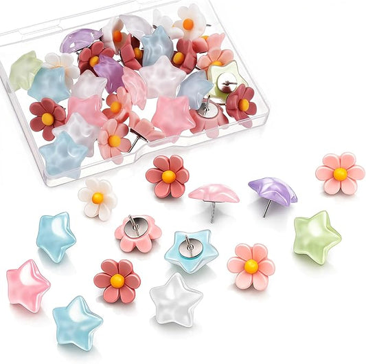 Sibba Thumb Tacks 30 PCS Colorful Cute Push Pins for Bulletin Board Star-Shaped Thumbtacks Decorative Flower Thumbtacks for Office Home and School Cork Board Cubicle Wall Accessories (Rainbow Colors)