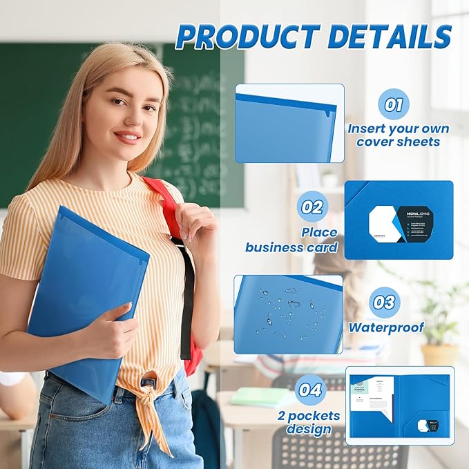 Henoyso 18 Pcs Plastic Folders with Clear Front Pockets Heavy Duty File Folders with 2 Pockets and Card Slot for Student Communication School Office Presentation Report (Blue)
