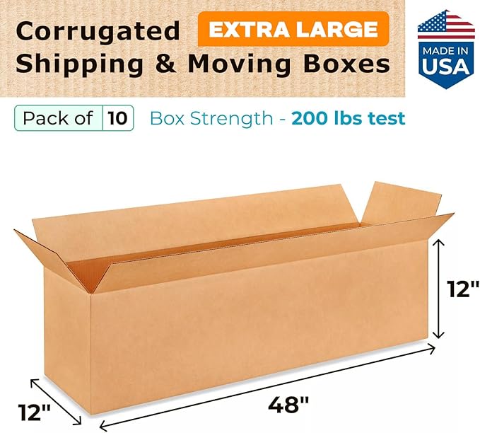 Extra Large Shipping & Moving Boxes 48x12x12 inches (10-Pack) - Extra Strength 200 lb vs Regular - Corrugated Cardboard Boxes for UPS Shipping - Strong Shipping Box - Moving Box by IDL Packaging