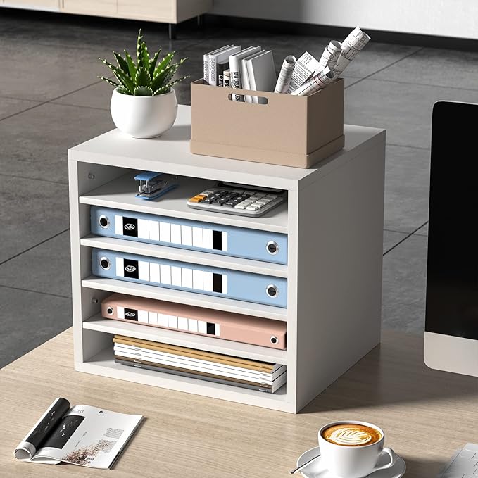 VEVOR Literature Organizers, 5 Compartments Office Mailbox with Adjustable Shelves, Wood Literature Sorter 13.9x12x13 inches for Office, Home, Classroom, Mailrooms Organization, EPA Certified, White