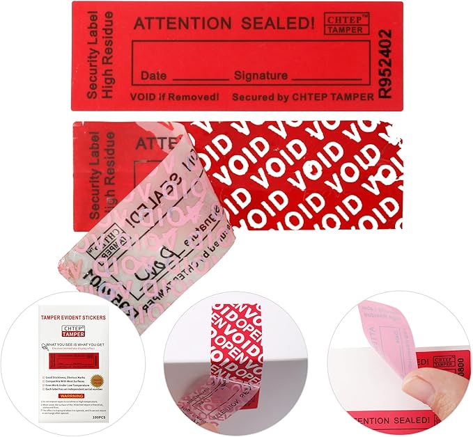 ChtepTamper 100 Pieces Total Transfer Tamper-Evident Stickers Security Labels Great for Goods Shipping,Exchange of Agency Files, Privacy Protection or More(Serial Number 0.8 * 2.4inches Red)