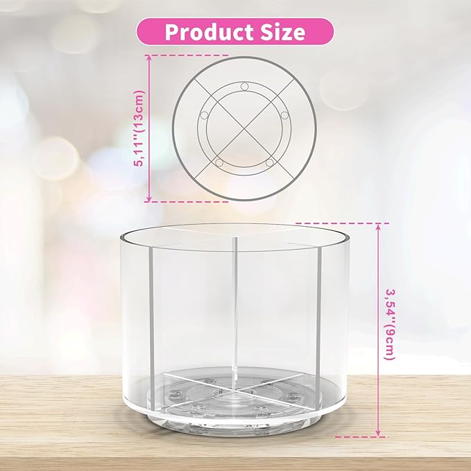Wawocs Small Pencil Organizer for Desk Acrylic 4 Compartments, Tiny Rotating Art Supply Organizer Kids, Spinning Round Marker Small Clear Desktop Caddy Swivel Office Pen Pencil Holder