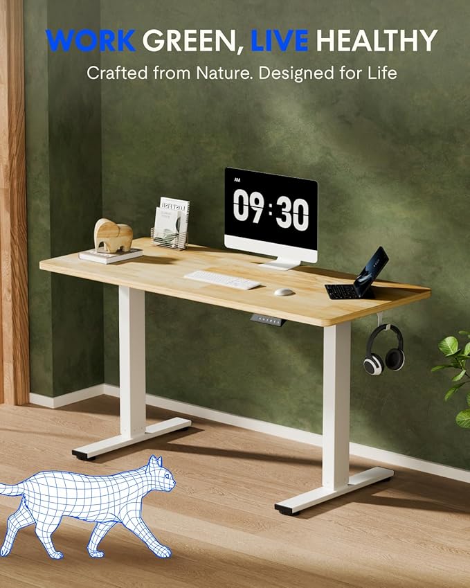 FLEXISPOT EN1 Solid Wooden Single-Piece Standing Desk, 48 x 24 Inches Sit Stand Desks for Home Office and Gaming (White Frame + Rubber Wood Top, 2 Packages)