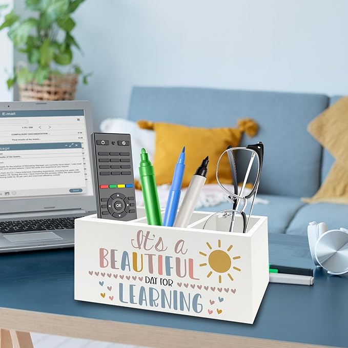 QZQE Boho Classroom Pen Pencil Holder Organizer for Desk, It's a Beautiful Day for Learning Wooden Box Signs Decorations for Home Office Desk Tabletop, Boho Classroom Decor