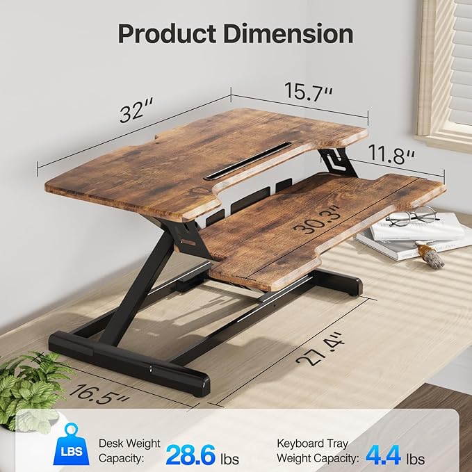 JYLH JOYSEEKER Standing Desk Converter 32 inch, Height Adjustable Sit Stand Desk Riser, Quick Sit to Stand Desktop Dual Monitor Riser Workstation for Home Office with Keyboard Tray, Rustic Brown