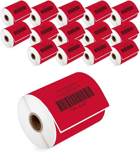 HOUSELABELS 4" x 6" Red Shipping Labels on 1" Core Compatible with Zebra and Rollo Printers, 15 Rolls / 250 Labels per Roll