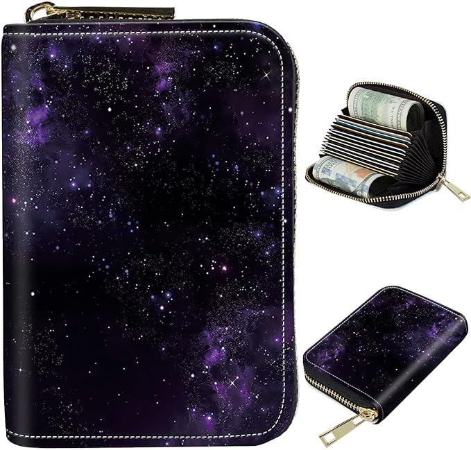 BWEGRHE Cute Credit Card Holder with Zipper, Purple Galaxy RFID-Blocking Card Case Small Wallet for Women Men, Multi-slot Card Organizer Case Travel Accordion Wallet