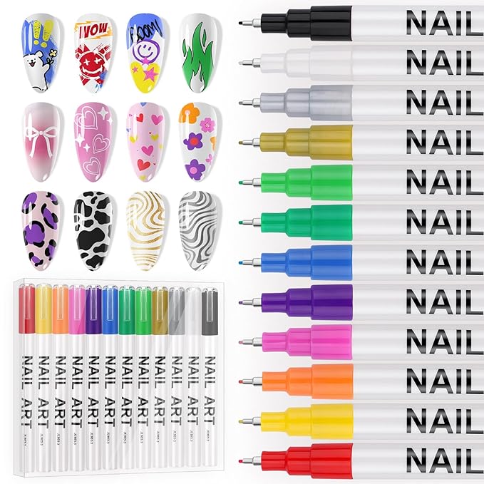 EBANKU 12 Color Nail Art Pens Set, 0.5 MM 3D Nail Polish Pens Acrylic Paint Pens Nail Markers for Nail Art Drawing Painting Nail Point Dotting Pen Nail Design Kit Home Nail Salon DIY