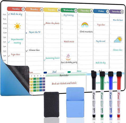 POPRUN Dry Erase Board Weekly Calendar Whiteboard for Wall & Fridge(Any Smooth Surface),Self-Adhesive Schedule Board with Hourly Time Slots,Perfect as Weekly Planner Board for School/Family, 16.5"x11"