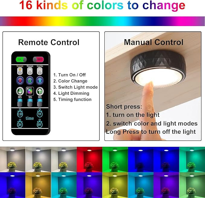 LED Puck Lights with Remote Battery Operated Under Cabinet Lighting Wireless Stick on Lights Color Changing Timer Tap Lights for Cabinets Shelves Closets Display Case - 6Pack Black