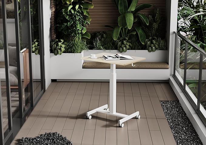 YDN Mobile Mobile Standing Desk, Adjustable Height Portable Laptop Desk with Lockable Wheels, 25.5" x 18.8" Rolling Desk with Hook for Computer Workstation, Natural