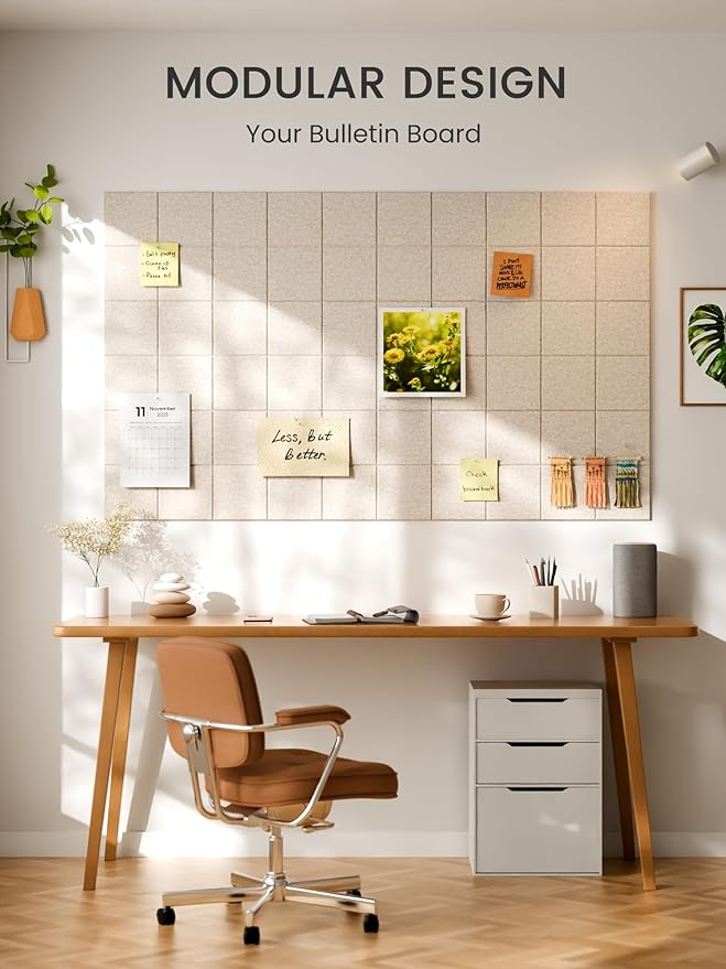 Bumusty Large Cork Board Alternative-36 x24 Felt Bulletin Board Tiles, with 30 Pushpins, 40 Adhesive Tabs, 6-Pack Slat Wall Paneling, Cork Boards for Office Push Pin Board Felt Board-Oatmeal
