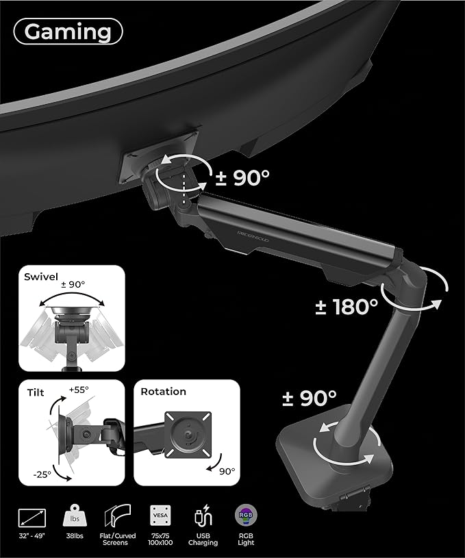 Modernsolid Heavy Duty Ultrawide Monitor Arm with RGB Lighting & USB Charging, Fits 34 to 49 inch Curved Screens, Supports 14 to 38 lbs, Adjustable Desk Mount, Compatible with Gaming Setup, White