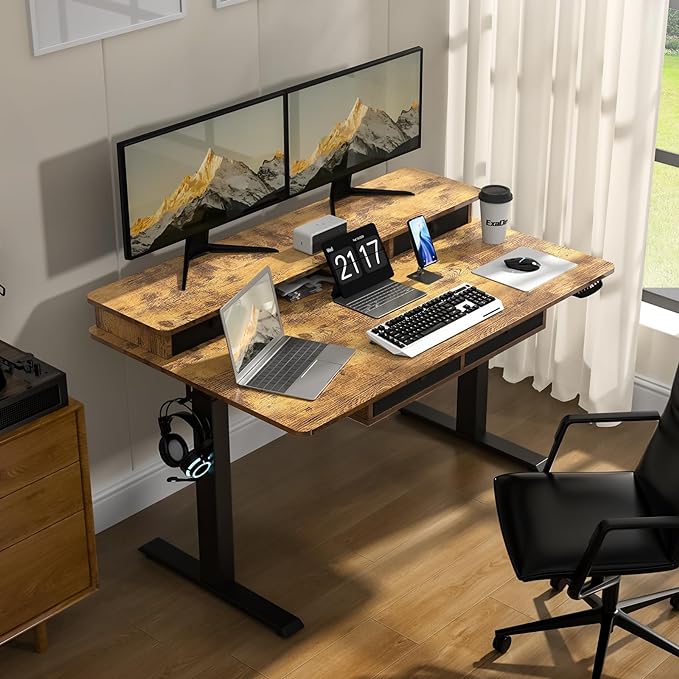 ExaDesk 55 * 30 Inches Electric Standing Widened Desk Adjustable Height with 4 Drawers, Double Storage Shelves Stand Up Desk, Home Office Workstation Sit Stand up Desk (Rustic Brown)