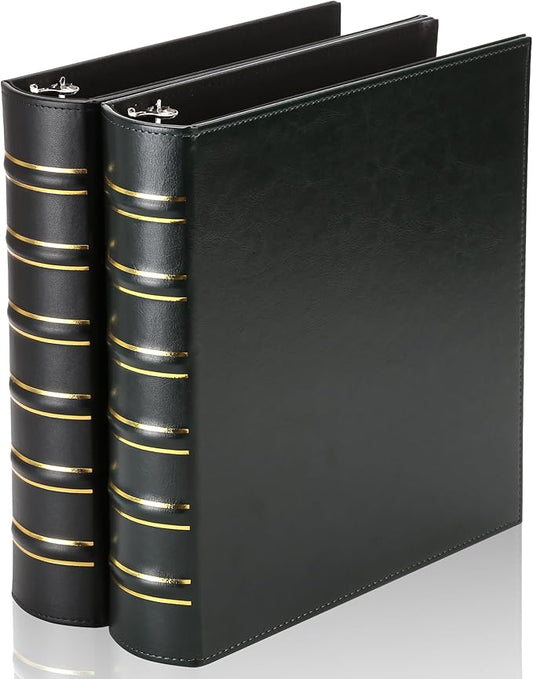 LETVPVOW 2 Pcs Vintage Hardback 3 Ring Binder 1.5 Inch, Professional Leather Binder 3 Ring, Three Ring Binders Fits 8.5 x 11, D Ring Binders for Home, School and Office- (1 Black and 1 Dark Green)