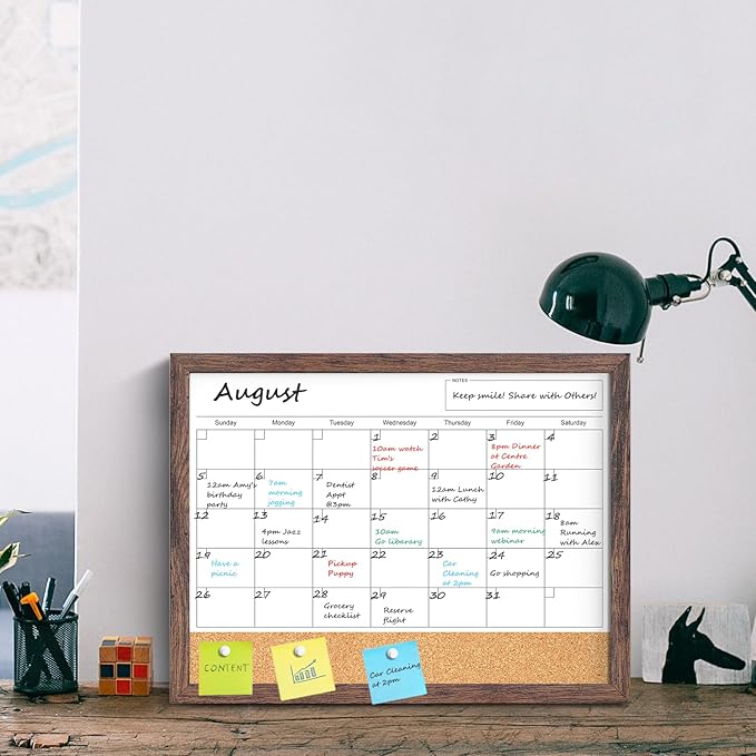 Calendar Whiteboard for Wall, 17x13 Inches White Board Calendar Dry Erase, Small Magnetic White Board with Wood Frame, Hanging Dry Erase Board for Kitchen Home Office School Planner