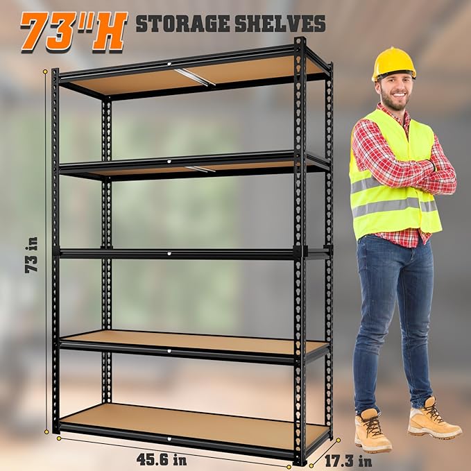 LEVELEVE 5-Tier Storage Shelving Unit, 2020 lbs Capacity, Heavy Duty Adjustable Metal Utility Shelf, 48" L x 18" W x 73" H for Garage, Kitchen, Pantry, Basement, Bathroom, Laundry