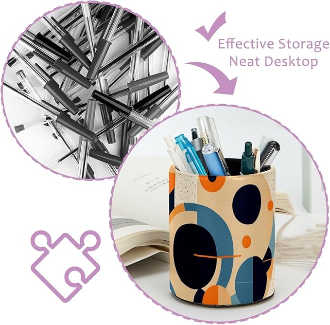 Leather Pen Holder for Desk Geometric Cube Pattern Pencil Cup Desktop Organizer Makeup Brush Holders Office Supplies for Home, Kids & School