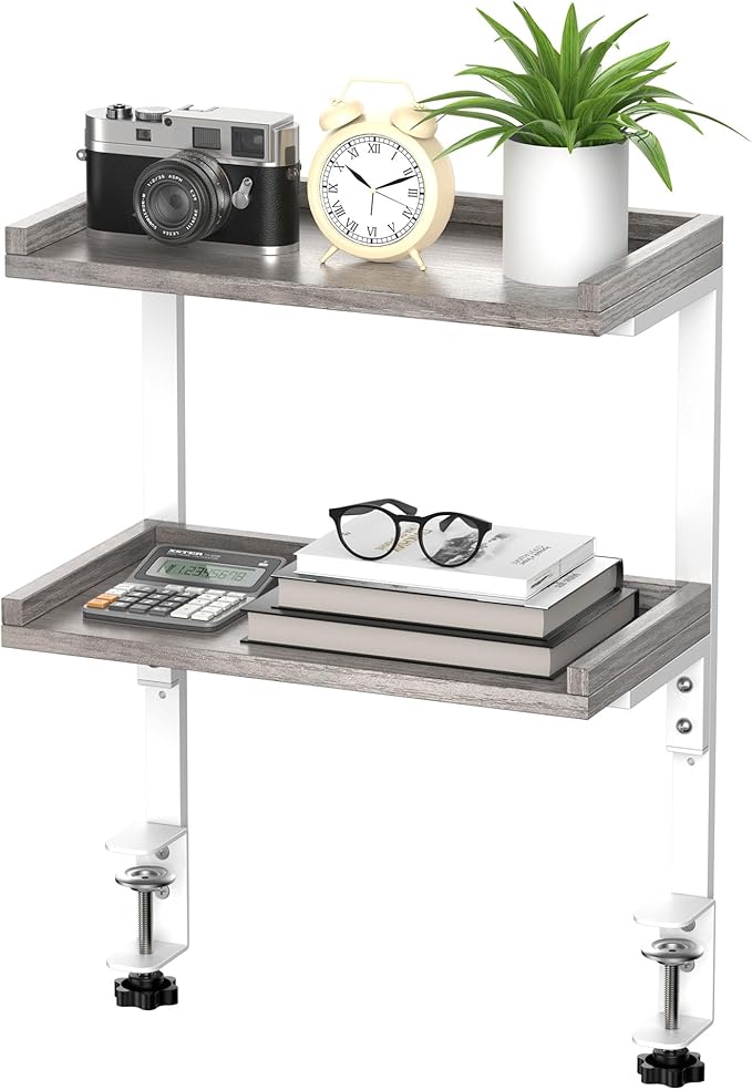 ART-GIFTREE Clamp On Desk Shelf 2-Tier, Wood Shelving Unit for Office Desk/Gaming Accessories, Tabletop Book Storage Rack, Shelf for Top of Desk, Grey