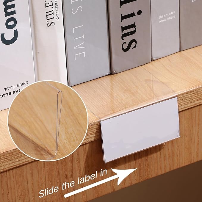 Containlol 50 Pcs Moveable Shelf Label Holders, Clear Bookshelf Label Library Shelf Markers Bookshelf Divider Tags for Library Office Classroom Home(6.5 x 3 x 1.57 Inch)