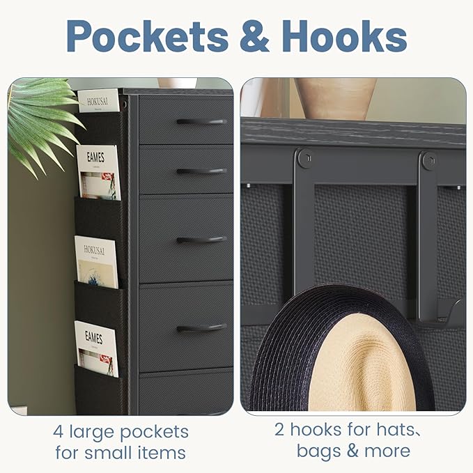 HCHQHS 47 Inch Dresser for Bedroom with 13 Drawers,Side Pockets Hooks and Lights with Remote Control,Hallway,Closet,Kitchen,Large TV Stand (Black)