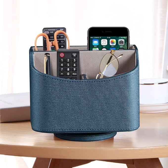 PUSU Remote Control Holder PU Leather 360 Degrees Rotatable Desktop Supply Organizer Storage Box for Controllers Media Stationery Nightstand TV Caddy E-reader iPad Phone Pen/Pencil Cosmetic