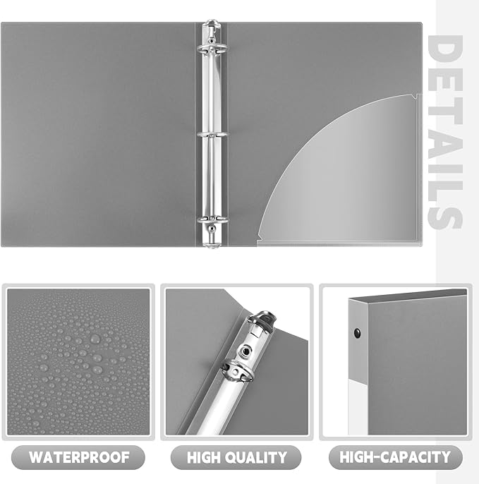 Henoyso 36 Pcs 3 Ring Binder 0.5 Inch Round Fits Letter Size 8.5'' x 11'' Paper Plastic Flexible Binder Bulk Holds 140 Sheets with 1 Pockets Versatile Organizer for Home Office School (Gray)